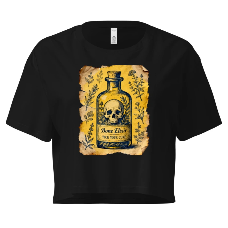 Women's Crop Top - Bone Elixir Vintage Potion Bottle Design, Gothic Herbal Art