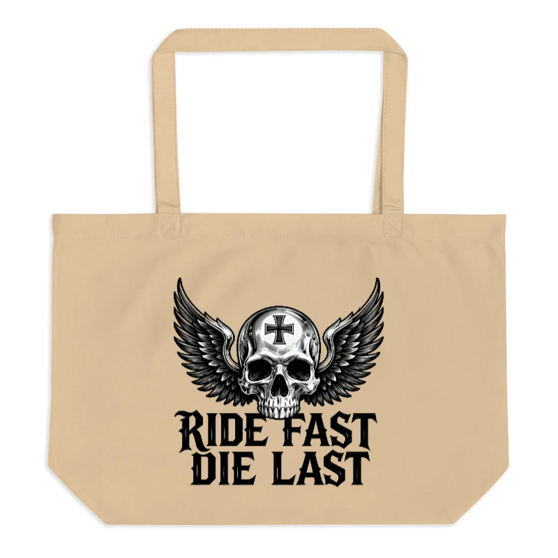 Large Organic Tote Bag | Skull & Wings Design | Ride Fast Die Last