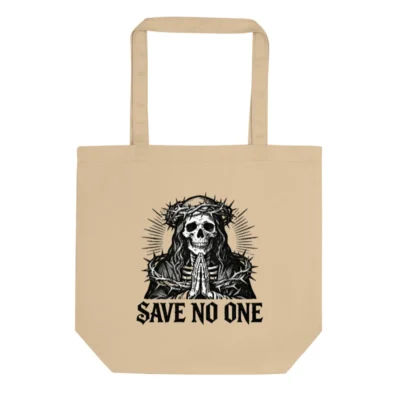 Eco Oyster Tote Bag | Skull with Crown of Thorns, 'Save No One' Design
