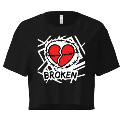 Women's Broken Heart Crop Top - Barbed Wire Heart Design, Black Short Sleeve