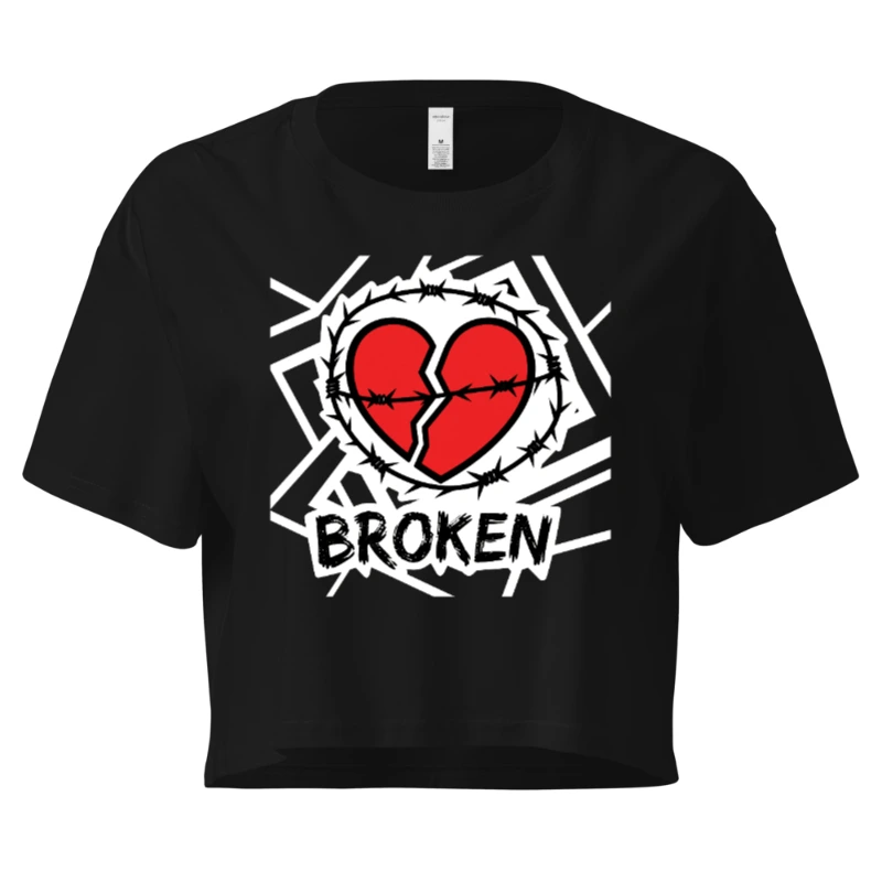 Women's Broken Heart Crop Top - Barbed Wire Heart Design, Black Short Sleeve