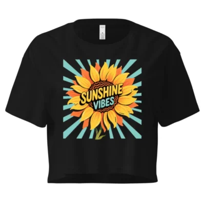 Women's Crop Top - Sunflower Sunshine Vibes Graphic Tee, Short Sleeve, Black