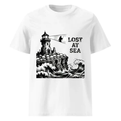 Unisex Organic Cotton T-Shirt | Lost at Sea Lighthouse Skulls Wave Design
