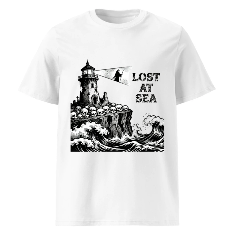 Unisex Organic Cotton T-Shirt | Lost at Sea Lighthouse Skulls Wave Design