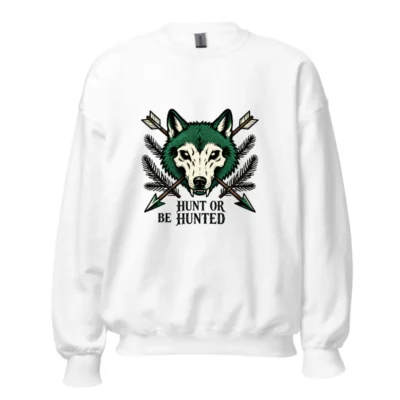 Unisex Wolf Crew Neck Sweatshirt - Hunt or Be Hunted, Green & Black Graphic