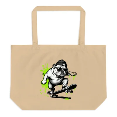 Organic Tote Bag with Skateboard Bulldog Graphic | Eco-Friendly Large Canvas Bag