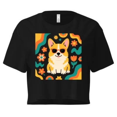 Women's Crop Top with Corgi & Psychedelic Flower Design - Short Sleeve Casual Tee