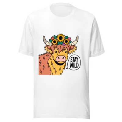 Unisex Highland Cow T-Shirt - Stay Wild Flower Crown Graphic Tee