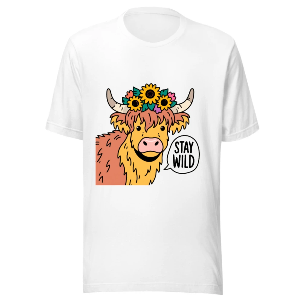 Unisex Highland Cow T-Shirt - Stay Wild Flower Crown Graphic Tee