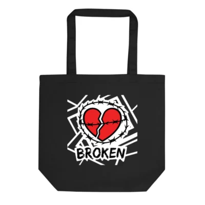 Eco Black Tote Bag with Broken Heart & Barbed Wire Design | Sustainable Canvas Tote