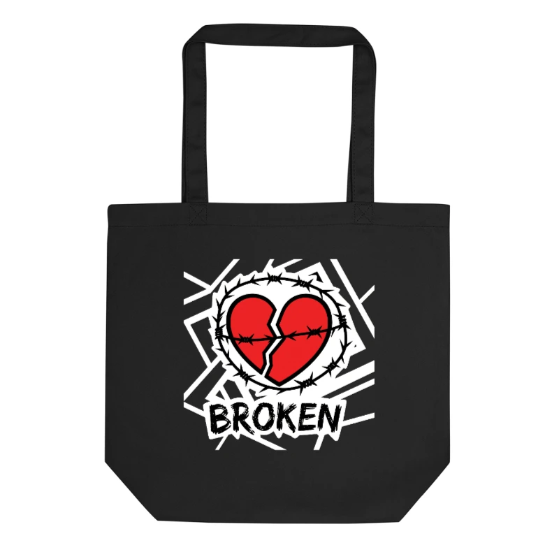 Eco Black Tote Bag with Broken Heart & Barbed Wire Design | Sustainable Canvas Tote