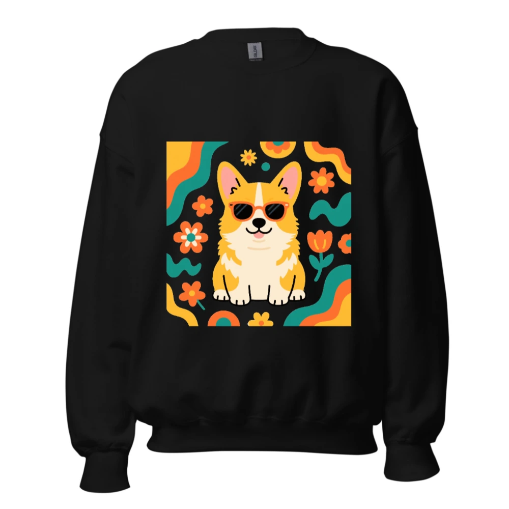 Unisex Corgi Sunflower Sweatshirt - Retro Floral Dog Graphic Crew Neck