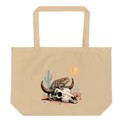 Organic Tote Bag with Desert Lizard & Bull Skull Art - Eco-Friendly Large Canvas Tote