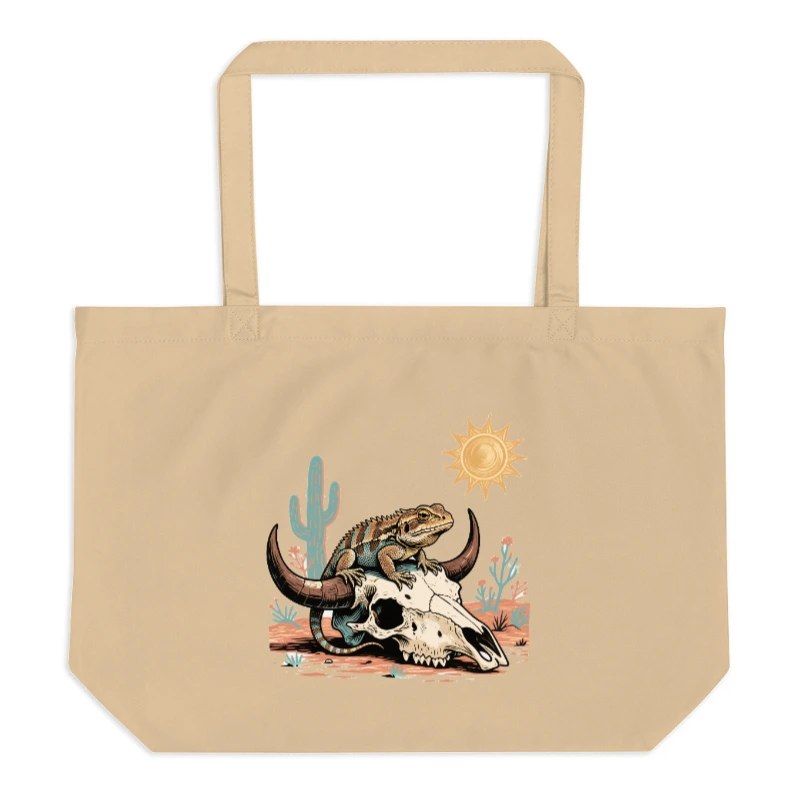 Organic Tote Bag with Desert Lizard & Bull Skull Art - Eco-Friendly Large Canvas Tote