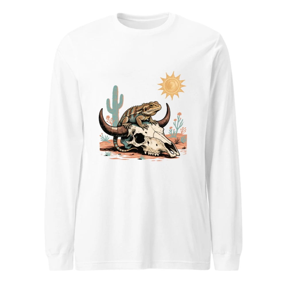 Desert Lizard on Buffalo Skull Long Sleeve Tee - Unisex Western Style