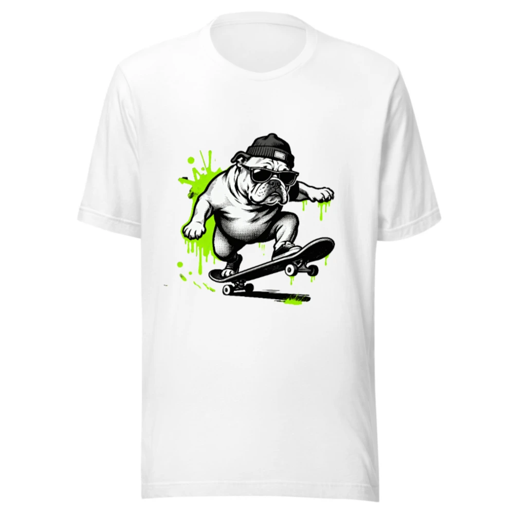 Unisex Staple T-Shirt | Bulldog Skateboarder Graphic Tee - Bold Green Splatter Design