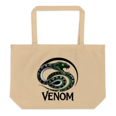 Venom Snake Organic Tote Bag | Large Eco-Friendly Canvas Bag with Green Eye Design