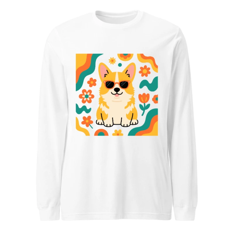 Corgi with Sunglasses Unisex Long Sleeve Tee - Retro Floral Dog Design