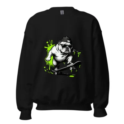 Skateboard Bulldog Unisex Crew Neck Sweatshirt | Black Graphic Streetwear
