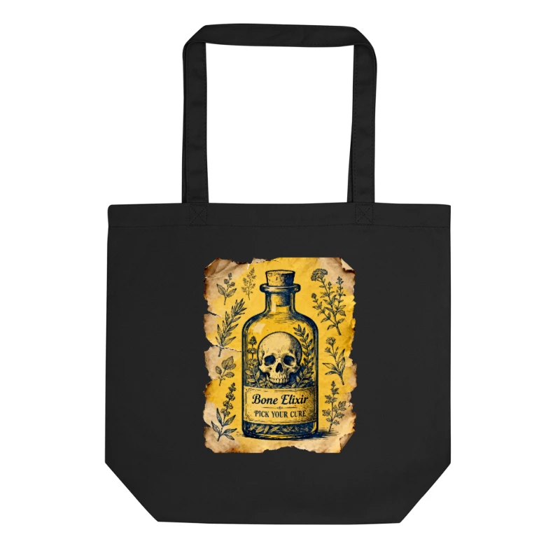 Eco Black Tote Bag | Bone Elixir Skull Herbal Design - Reusable & Sustainable