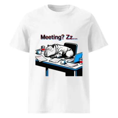 Unisex Organic Cotton T-Shirt: Capybara Sleeping at Desk - 'Meeting? Zz...' Funny Office Humor Tee