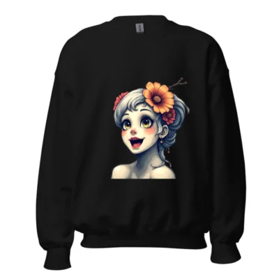Unisex Crew Neck Sweatshirt with Floral Girl Illustration - Black Comfort Fit