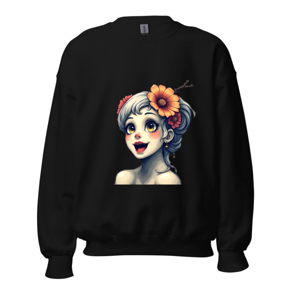 Unisex Crew Neck Sweatshirt with Floral Girl Illustration - Black Comfort Fit