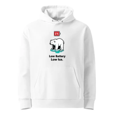 Unisex Eco Hoodie - Low Battery, Low Ice Polar Bear Design | 1% Battery Icon