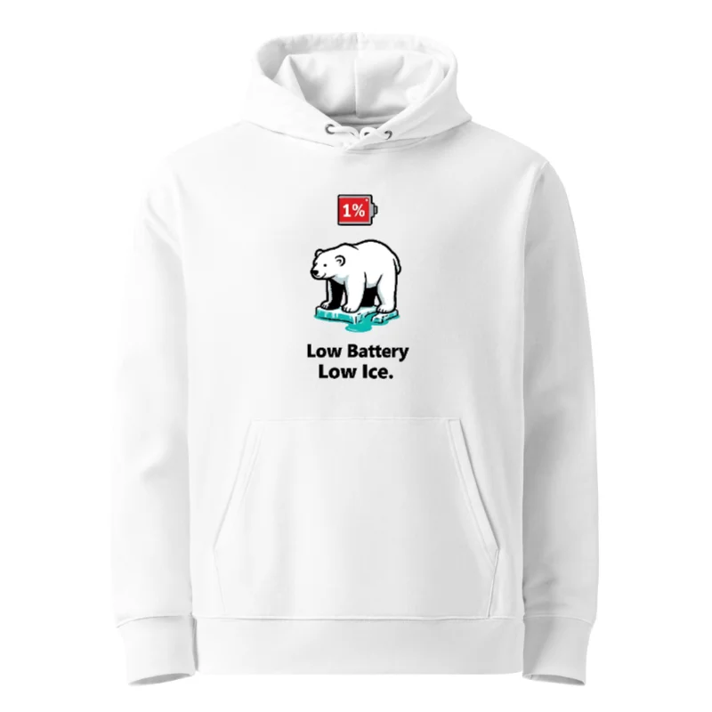 Unisex Eco Hoodie - Low Battery, Low Ice Polar Bear Design | 1% Battery Icon