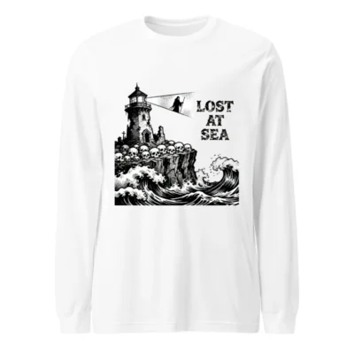 Lost at Sea Long Sleeve Tee - Unisex Black & White Lighthouse Skulls Design