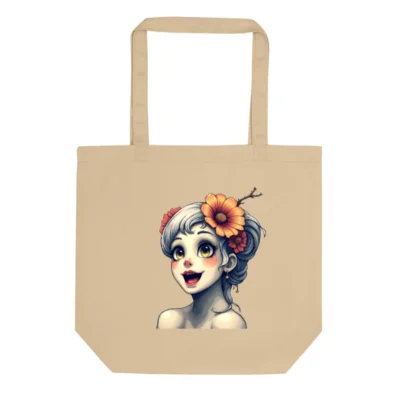 Eco Oyster Tote Bag | Sustainable Cotton Tote with Floral Girl Art