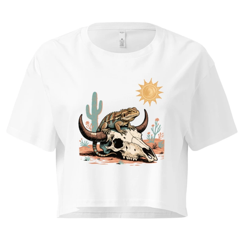 Women's Crop Top with Desert Lizard & Skull Graphic - Short Sleeve Casual Tee