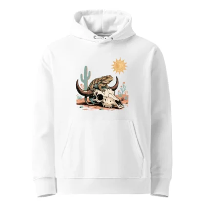 Unisex Eco Hoodie with Desert Lizard & Bull Skull Print - Sustainable Soft Sweatshirt