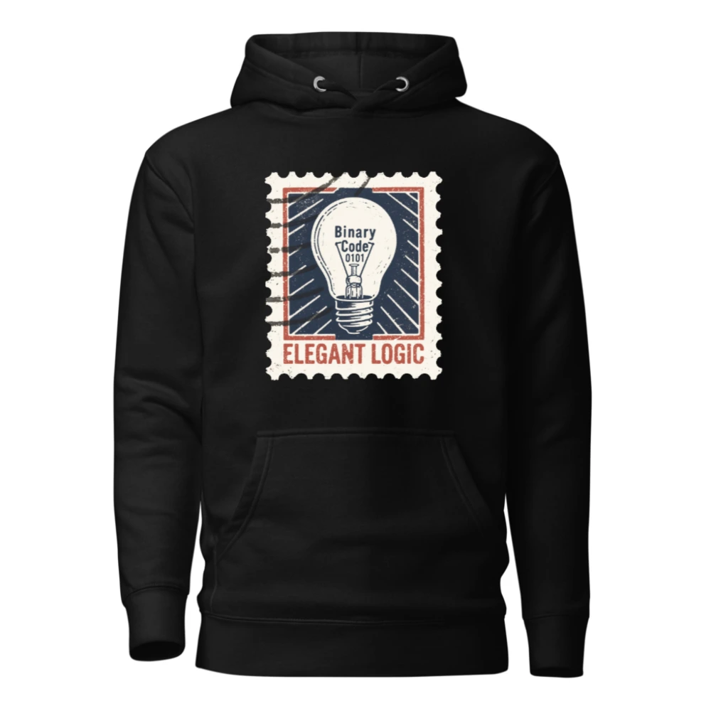 Unisex Premium Pullover Hoodie | Elegant Logic Stamp Design with Binary Code Lightbulb