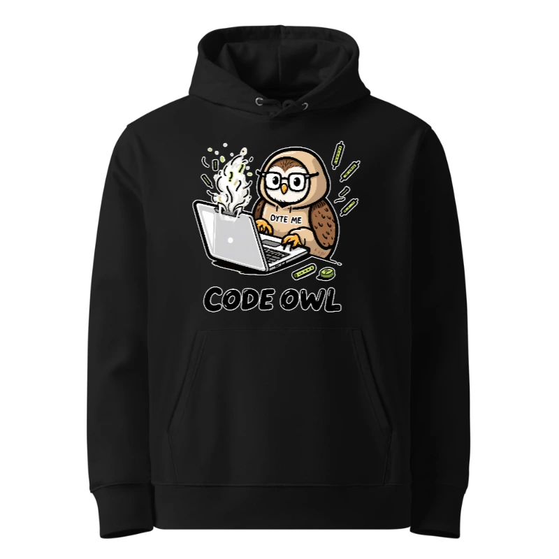 Code Owl Hoodie - Unisex Essential Eco Hoodie with Laptop & Byte Me Design