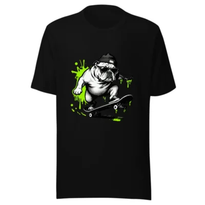 Unisex Staple T-Shirt - Bulldog Skateboarder with Neon Green Splatter, Black Tee