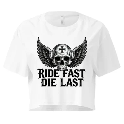 Women's Crop Top with Winged Skull & Cross Design | Ride Fast Die Last