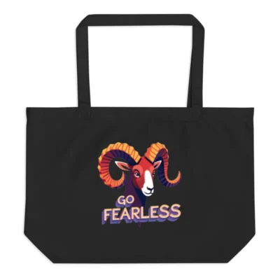 Large Black Organic Tote Bag | Go Fearless Ram Design