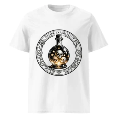 Divine Experiment T-Shirt - Unisex Organic Cotton Tee with Skull & Star Bottle Design