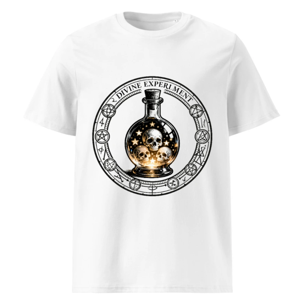 Divine Experiment T-Shirt - Unisex Organic Cotton Tee with Skull & Star Bottle Design
