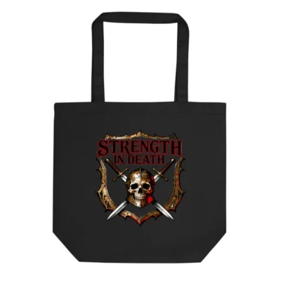 Eco Black Tote Bag | Strength in Death Skull & Swords Shield Design