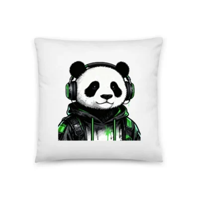 Panda with Headphones & Green Hoodie - 18"x18" Basic Pillow