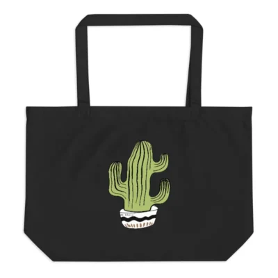 Large Black Organic Tote Bag with Cactus Design | Eco-Friendly & Sustainable