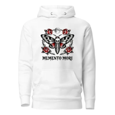 Memento Mori Moth Hoodie - Unisex Premium Pullover with Skull & Roses Tattoo Design