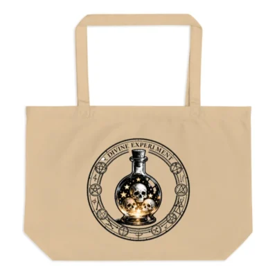 Divine Experiment Organic Tote Bag | Large Eco-Friendly Canvas Bag with Skull & Flask Design