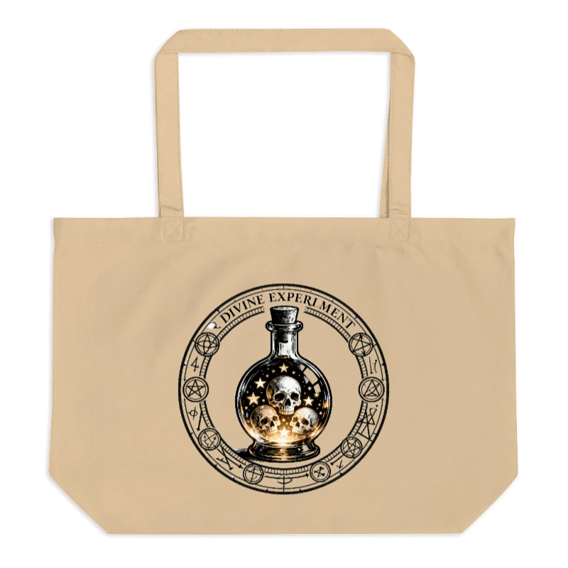 Divine Experiment Organic Tote Bag | Large Eco-Friendly Canvas Bag with Skull & Flask Design