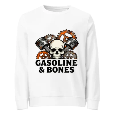Gasoline & Bones Unisex Organic Sweatshirt | Skull, Pistons & Gears Design