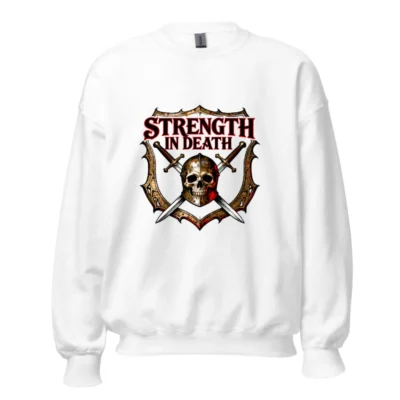 Strength in Death Skull Sweatshirt | Unisex Crew Neck Sweatshirt with Medieval Shield & Swords Design