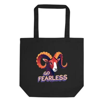 Eco Black Tote Bag | Go Fearless Ram Design | Sustainable Cotton Tote