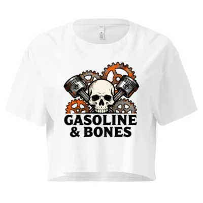 Women's Gasoline & Bones Crop Top - Skull, Pistons & Gears Motor Theme Tee
